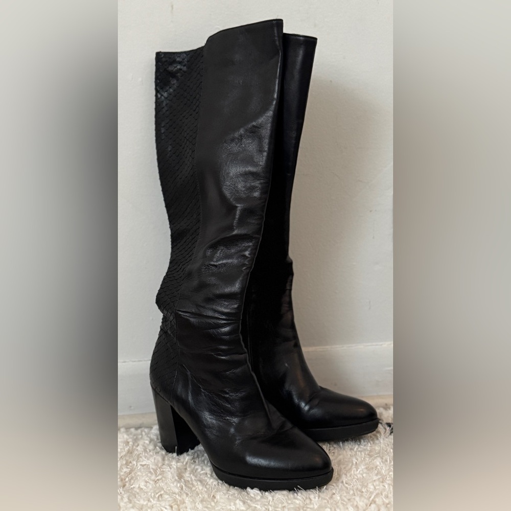 Women’s Dune Leather Almond Toe Block Heel Boots Black Size 37/6.5